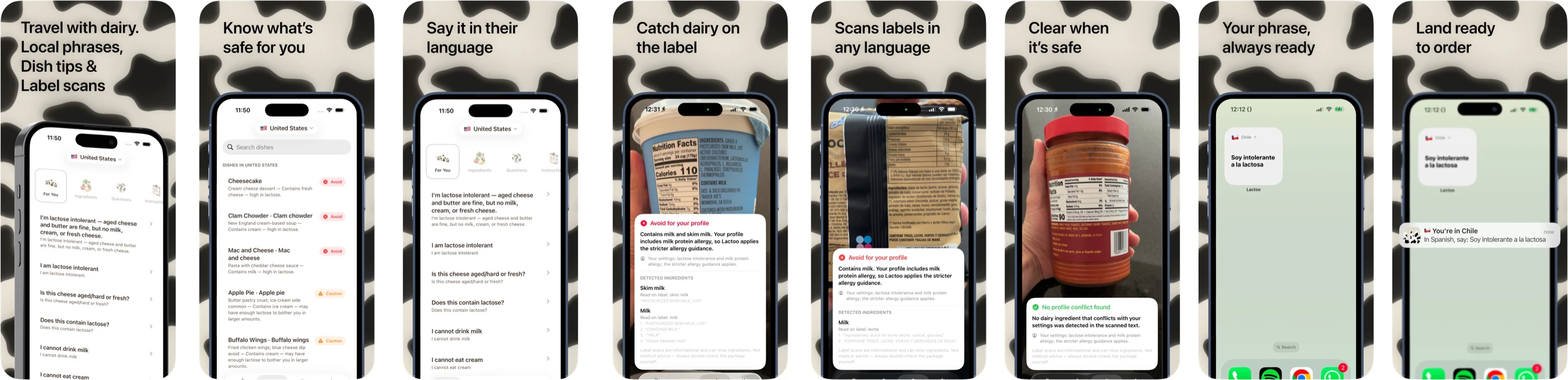 Lactoo App Store screenshots showing local dish guidance, translated phrases, label scanning, widgets, and arrival alerts